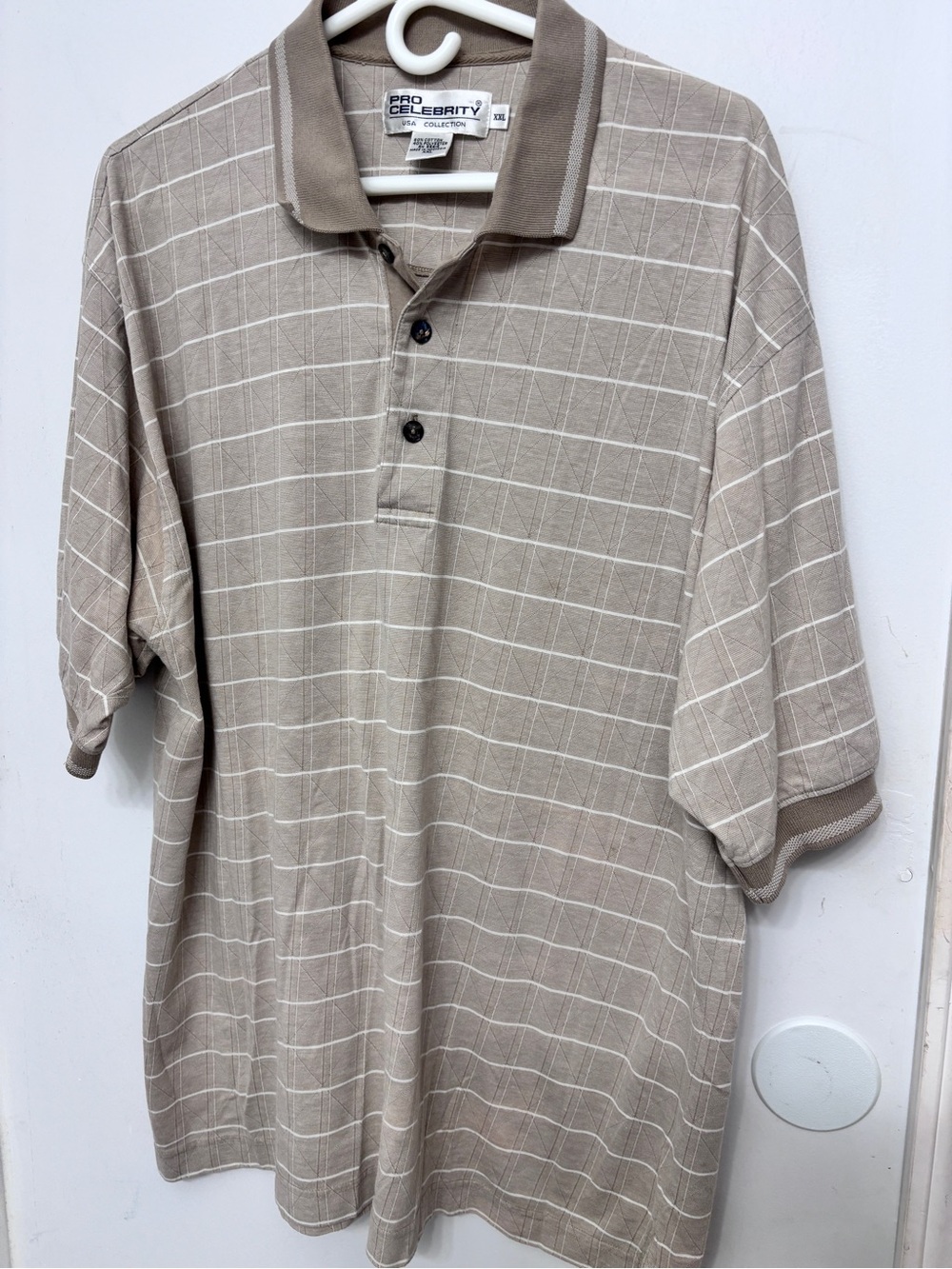 Pro Celebrity USA Collection  Men's Beige White Windowpane Polo Shirt 50 x 30.5